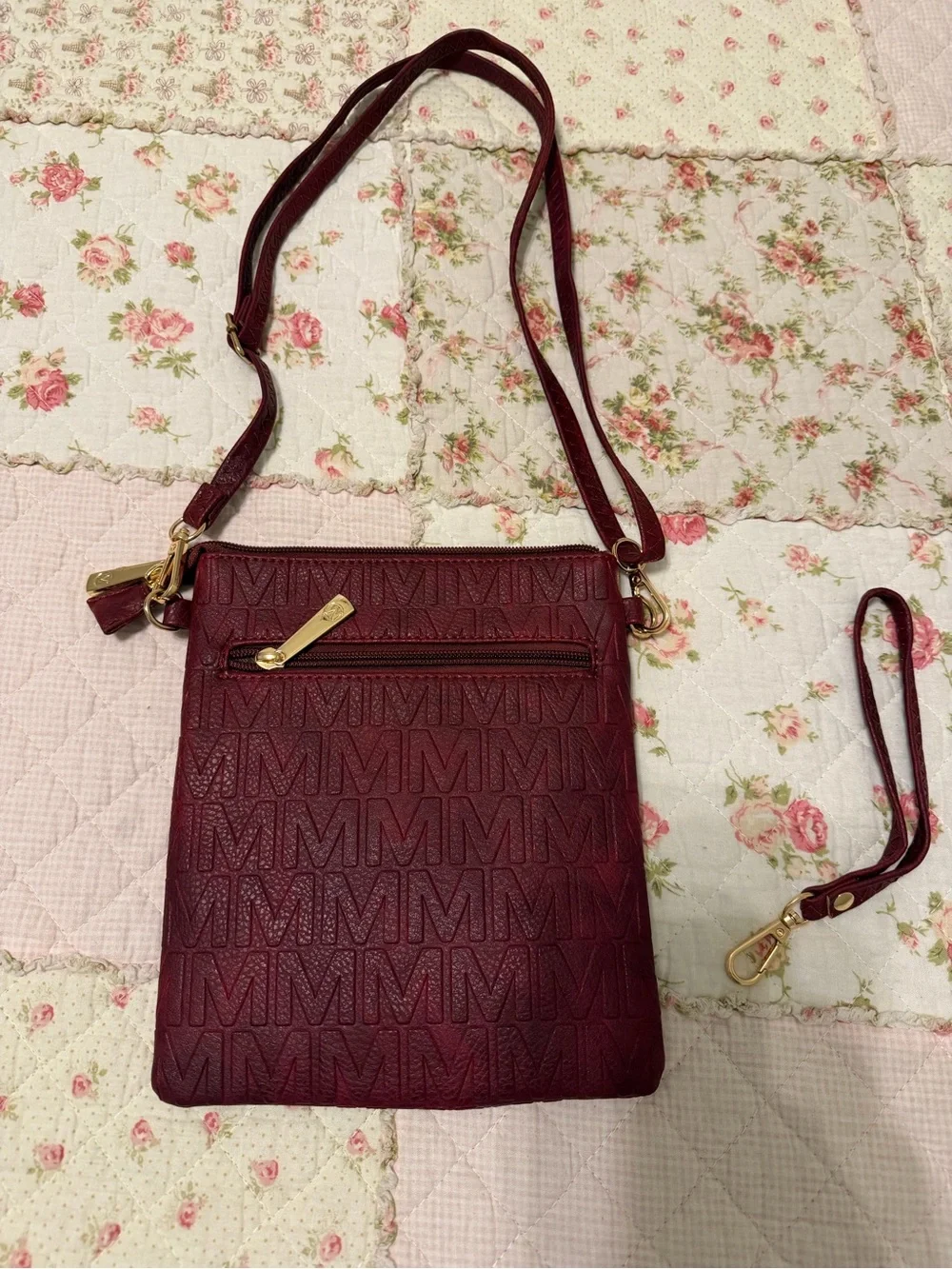 NWOT Burgundy Crossbody Bag with Gold Hardware.